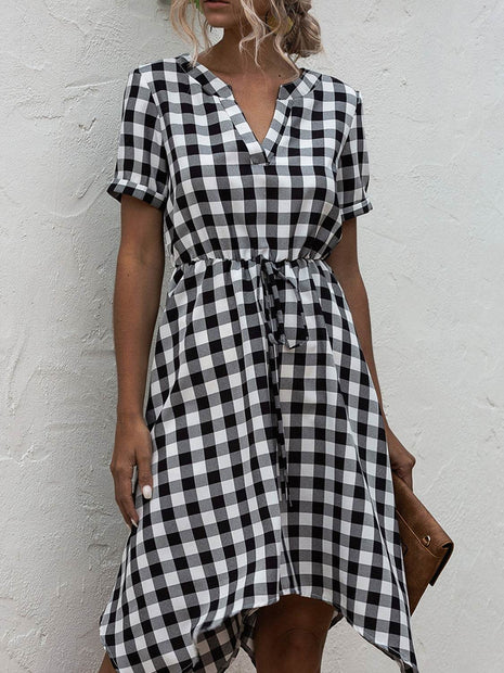 Plaid Notched Short Sleeve Dress - MimiStylez