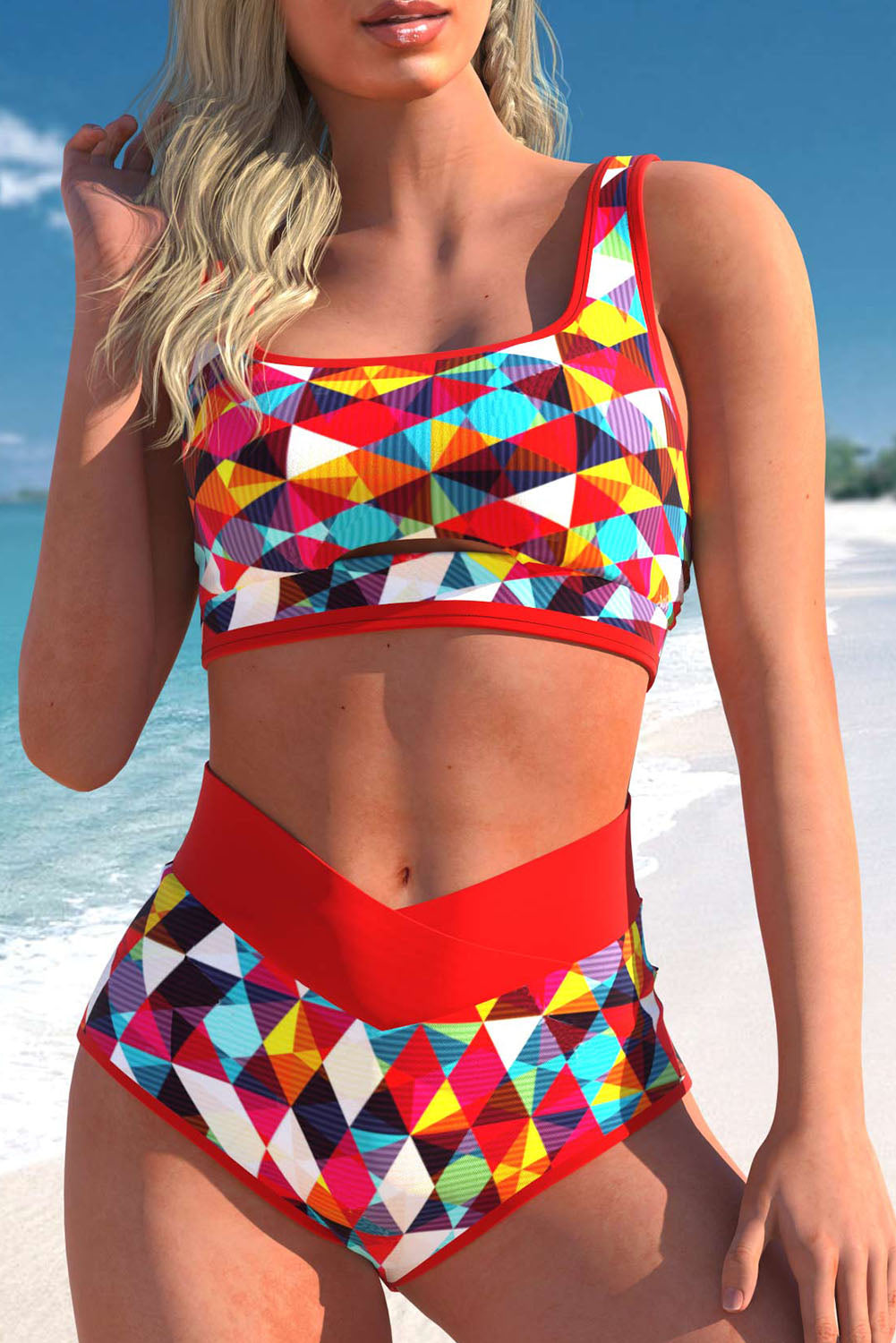 Fiery Red 2pcs Geometric Print Notch High Waisted Bikini