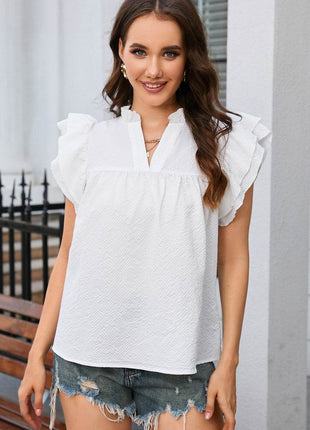Notched Neck Butterfly Sleeve Blouse - MimiStylez