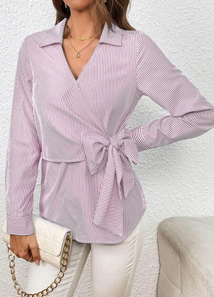 Bow Tie Waist Johnny Collar Neck Striped Blouse - MimiStylez
