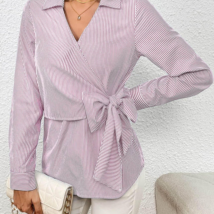 Bow Tie Waist Johnny Collar Neck Striped Blouse - MimiStylez