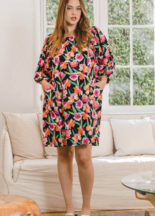 ODDI Full Size Floral Puff Sleeve Mini Dress - MimiStylez