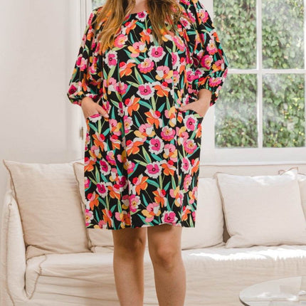 ODDI Full Size Floral Puff Sleeve Mini Dress - MimiStylez