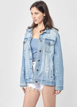 RISEN Full Size Distressed Long Sleeve Denim Jacket - MimiStylez