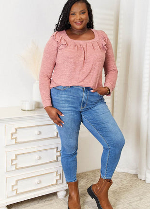 Double Take Square Neck Ruffle Shoulder Long Sleeve T-Shirt - MimiStylez