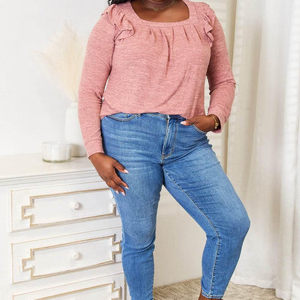 Double Take Square Neck Ruffle Shoulder Long Sleeve T-Shirt - MimiStylez