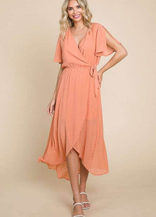 Culture Code Full Size Swiss Dot Tied Slit Short Sleeve Dress - MimiStylez