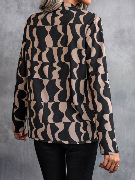 Printed Notched Long Sleeve Blouse - MimiStylez