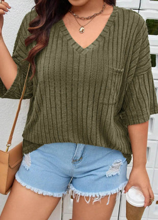 Plus Size V-Neck Ribbed Knit T-Shirt - MimiStylez