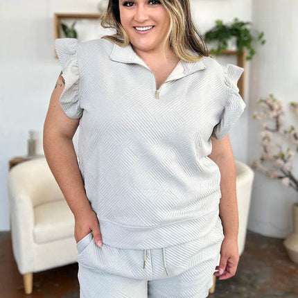 Double Take Full Size Texture Flounce Sleeve Top and Drawstring Shorts Set - MimiStylez
