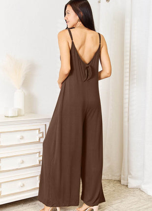 Double Take Full Size Soft Rayon Spaghetti Strap Tied Wide Leg Jumpsuit - MimiStylez