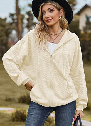 Drawstring Zip Up Dropped Shoulder Hoodie - MimiStylez