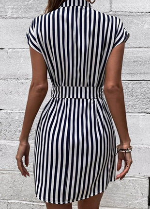 Tied Striped Cap Sleeve Mini Dress - MimiStylez