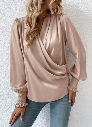 Surplice Smocked Lantern Sleeve Blouse - MimiStylez