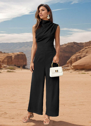 Ruched Mock Neck Sleeveless Jumpsuit - MimiStylez