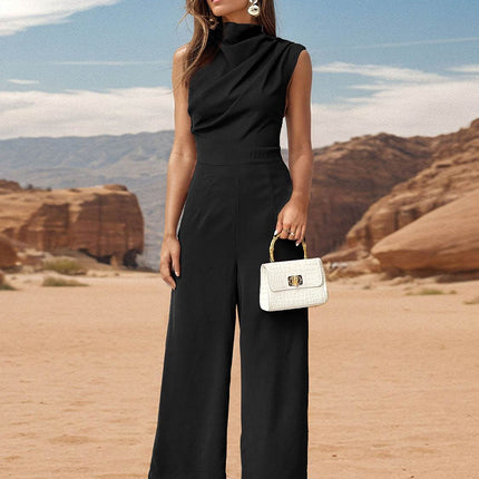 Ruched Mock Neck Sleeveless Jumpsuit - MimiStylez