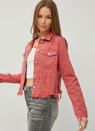 RISEN Raw Hem Button Up Cropped Denim Jacket - MimiStylez
