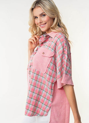White Birch Plaid Color Block Half Button Top - MimiStylez