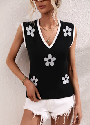 Floral Contrast Ribbed Trim Sweater Vest - MimiStylez