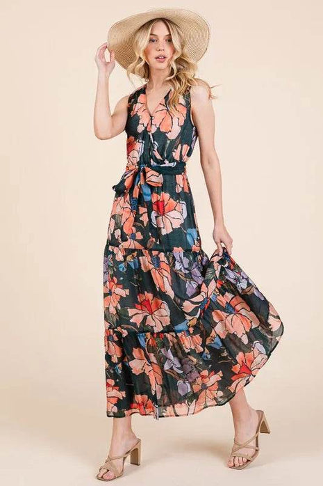Lime 'N' Chili Floral Print Sleeveless Tie Waist Maxi Dress - MimiStylez