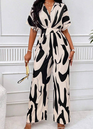 Printed V-Neck Short Sleeve Wide Leg Jumpsuit - MimiStylez