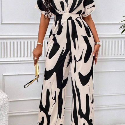 Printed V-Neck Short Sleeve Wide Leg Jumpsuit - MimiStylez