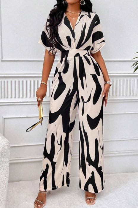 Printed V-Neck Short Sleeve Wide Leg Jumpsuit - MimiStylez