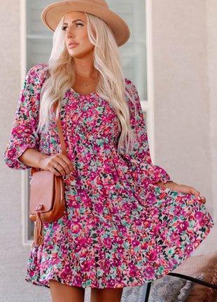 Floral Smocked V-Neck Flounce Sleeve Dress - MimiStylez