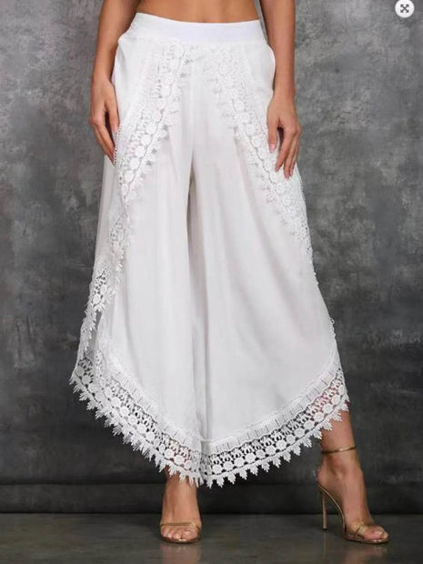 Full Size Lace Detail Wide Leg Pants Plus Size - MimiStylez