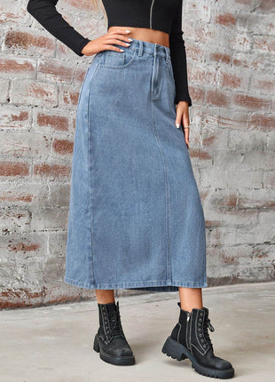 Slit High Waist Denim Skirt with Pockets - MimiStylez