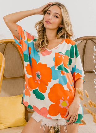 BiBi Floral V Neck Slit Side T-Shirt - MimiStylez