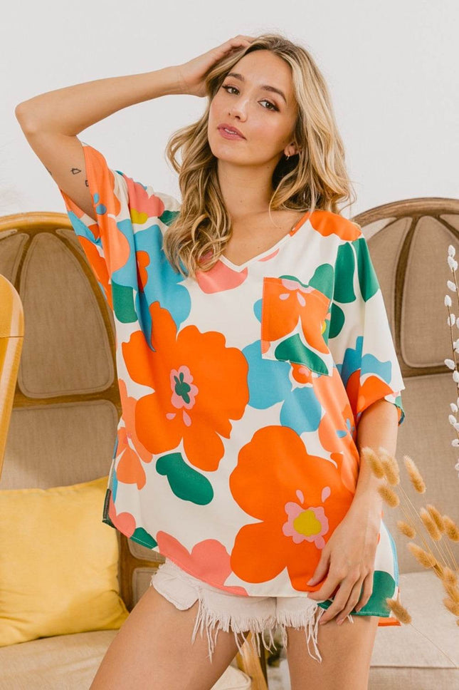 BiBi Floral V Neck Slit Side T-Shirt - MimiStylez