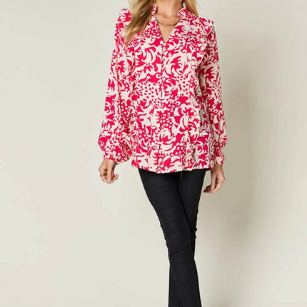Double Take Full Size Printed Ruffle Trim Balloon Sleeve Shirt - MimiStylez