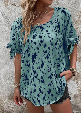 Tied Printed Boat Neck Blouse - MimiStylez