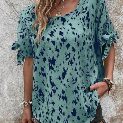 Tied Printed Boat Neck Blouse - MimiStylez