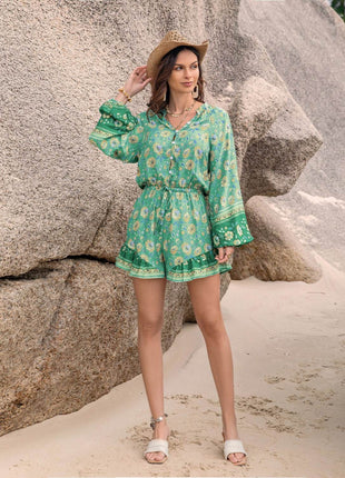 Printed Ruffled Balloon Sleeve Romper - MimiStylez