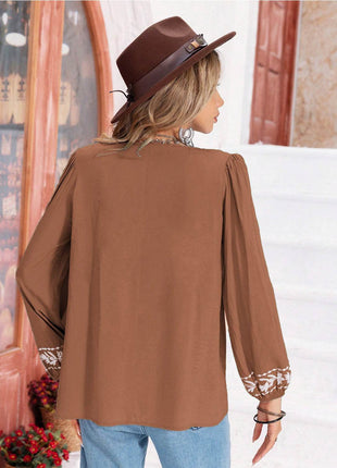 Floral Tie Neck Balloon Sleeve Blouse - MimiStylez