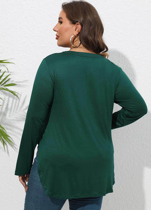 Plus Size Round Neck Long Sleeve Slit T-Shirt - MimiStylez
