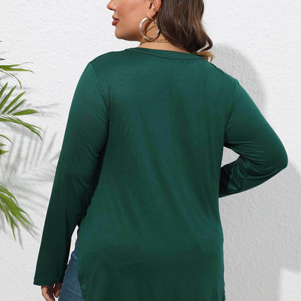 Plus Size Round Neck Long Sleeve Slit T-Shirt - MimiStylez