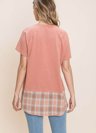 Cotton Bleu by Nu Lab Plaid Contrast Short Sleeve T-Shirt - MimiStylez