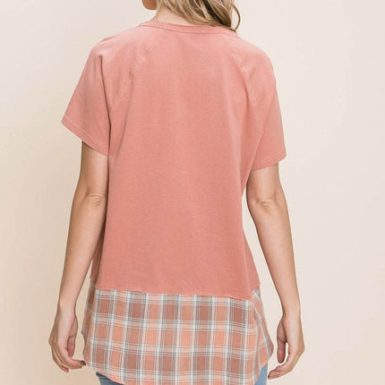 Cotton Bleu by Nu Lab Plaid Contrast Short Sleeve T-Shirt - MimiStylez