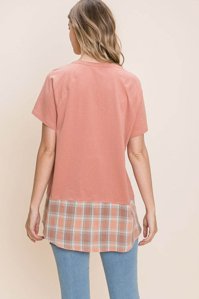 Cotton Bleu by Nu Lab Plaid Contrast Short Sleeve T-Shirt - MimiStylez