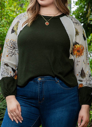 Plus Size Floral Waffle-Knit Round Neck Blouse - MimiStylez