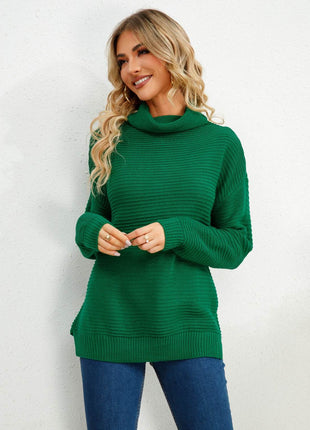 Slit Turtleneck Dropped Shoulder Sweater - MimiStylez
