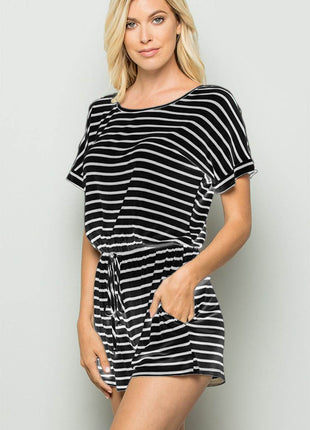 Heimish Full Size Striped Round Neck Short Sleeve Romper - MimiStylez