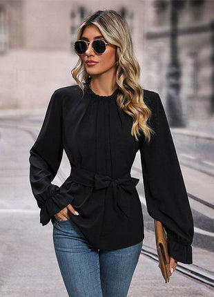 Round Neck Tie Waist Long Sleeve Blouse - MimiStylez