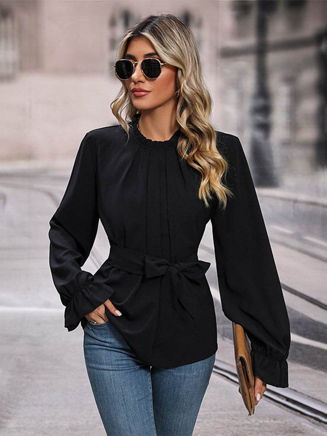 Round Neck Tie Waist Long Sleeve Blouse - MimiStylez