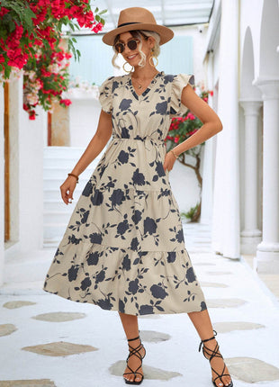 Floral Frill Trim V-Neck Tiered Midi Dress - MimiStylez