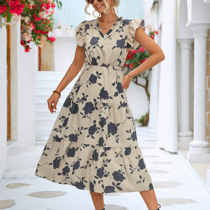 Floral Frill Trim V-Neck Tiered Midi Dress - MimiStylez