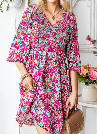 Floral Smocked V-Neck Flounce Sleeve Dress - MimiStylez